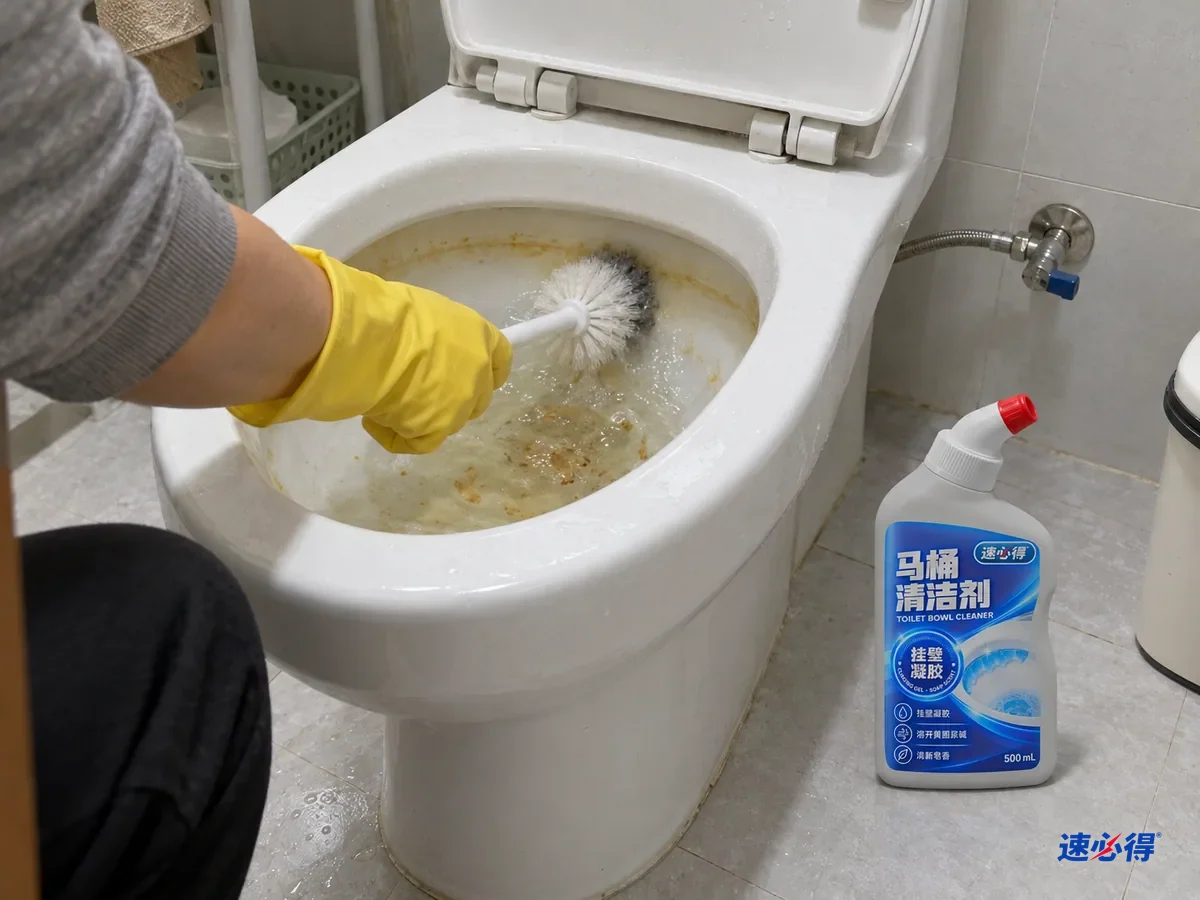 一两步外，弯腰的人的前臂，戴黄色橡胶手套用马桶刷刷水位线上软化的垢，黄褐碎屑沉在水里，拧紧的速必得马桶清洁剂立在马桶边地上，进水角阀已关。