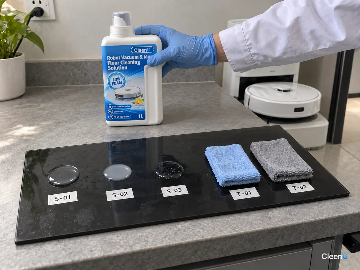 Dried drops on a black glass panel and two microfiber strips compared, as a gloved hand sets down CleenU Robot Mop solution.