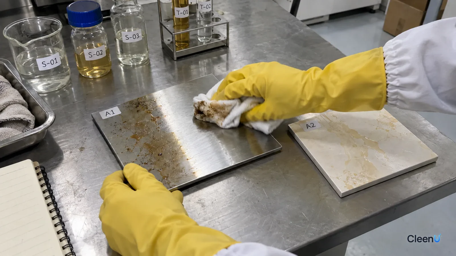 First-person: a yellow rubber-gloved hand wipes a greasy stainless sample panel with a cloth, brown grease on the cloth, a tile sample beside still filmed.