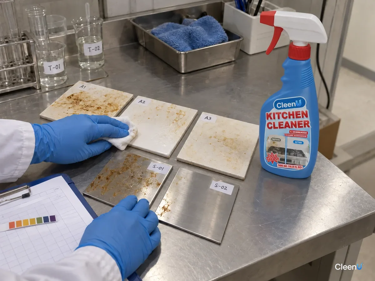 Lab bench: coded tile and stainless panels with baked grease; a technician sprays degreaser, waits, and wipes to compare, pH strips on a record sheet, beside CleenU Kitchen Cleaner & Degreaser.