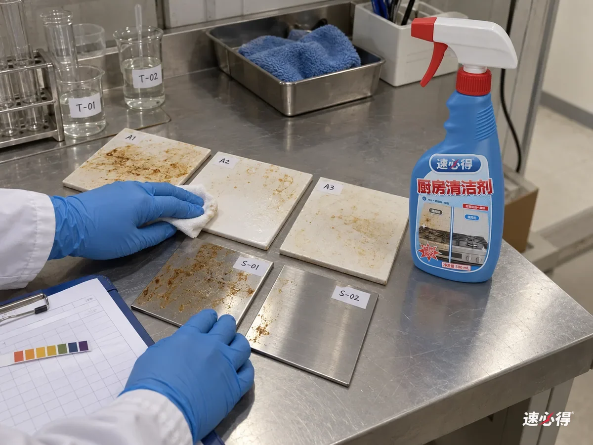 实验台上几块贴着不同测试编号的瓷砖和不锈钢样板，都涂了烘烤过的油膜，技术人员喷去油剂停留后擦拭比较，旁边的 pH 试纸放在记录表上，台面上放着一瓶速必得厨房清洁剂。