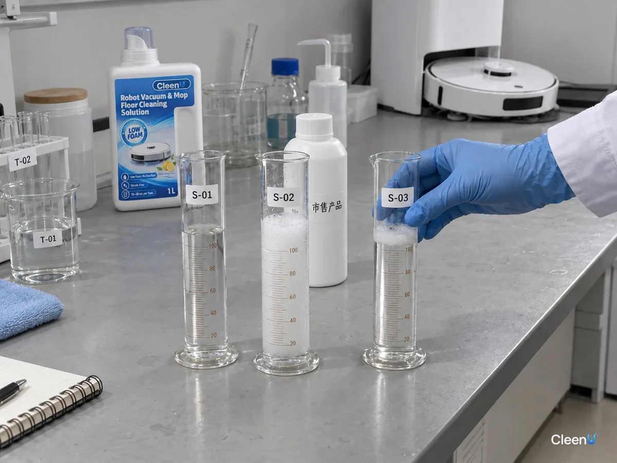 Foam test: plain water has none, a store-bought cleaner foams thickly, and CleenU Robot Vacuum & Mop solution stays thin.