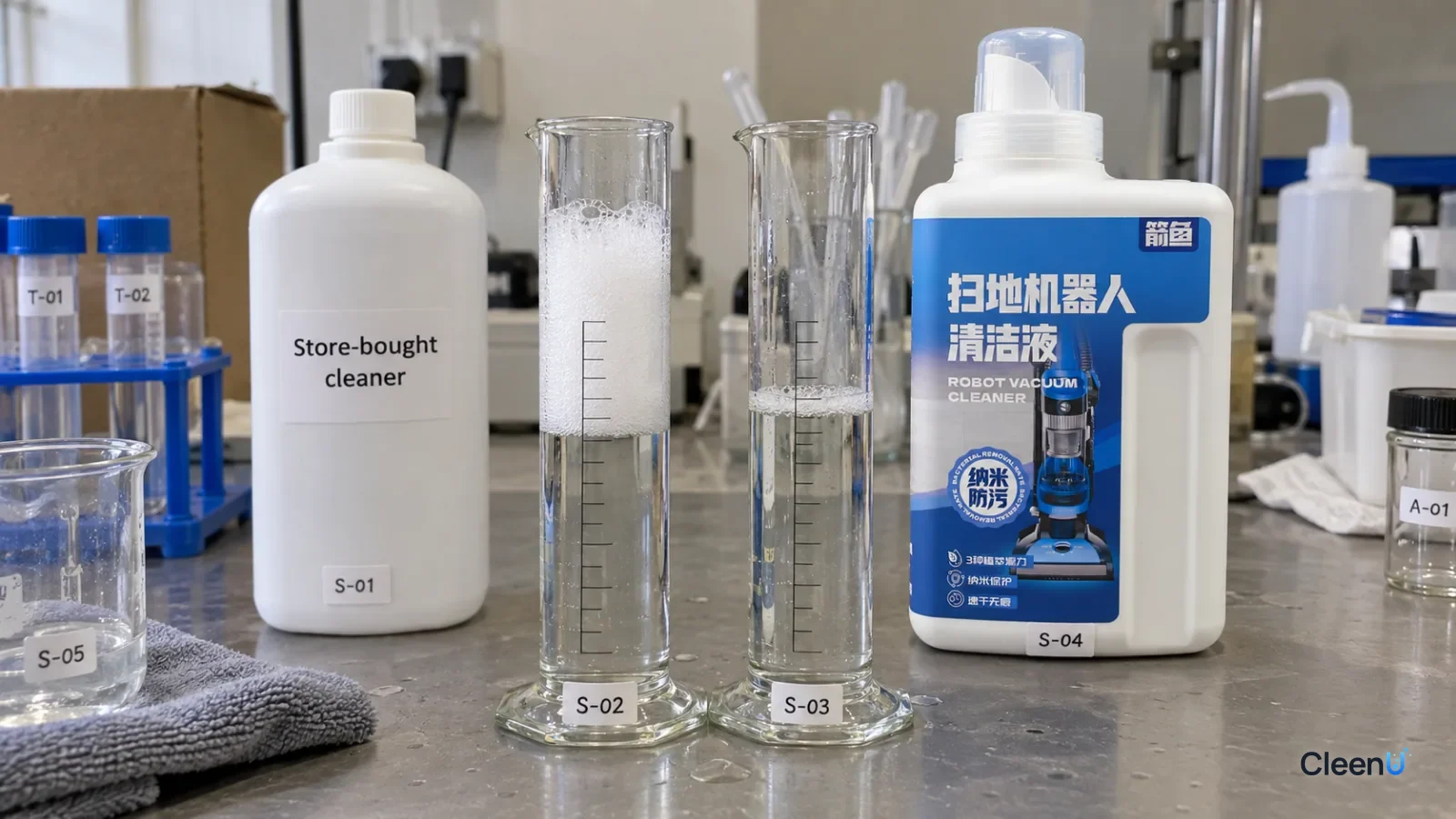 Two cylinders of clear liquid, one with a thick foam head and the other with little foam