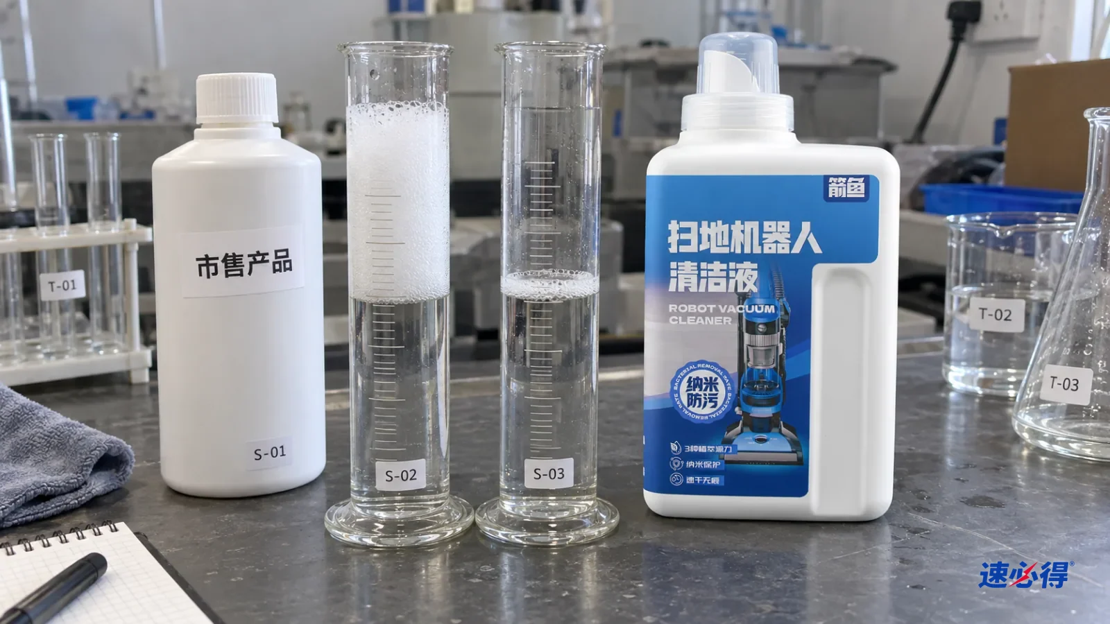 两只装有透明液体的量筒，一只顶部泡沫较厚，另一只泡沫较少