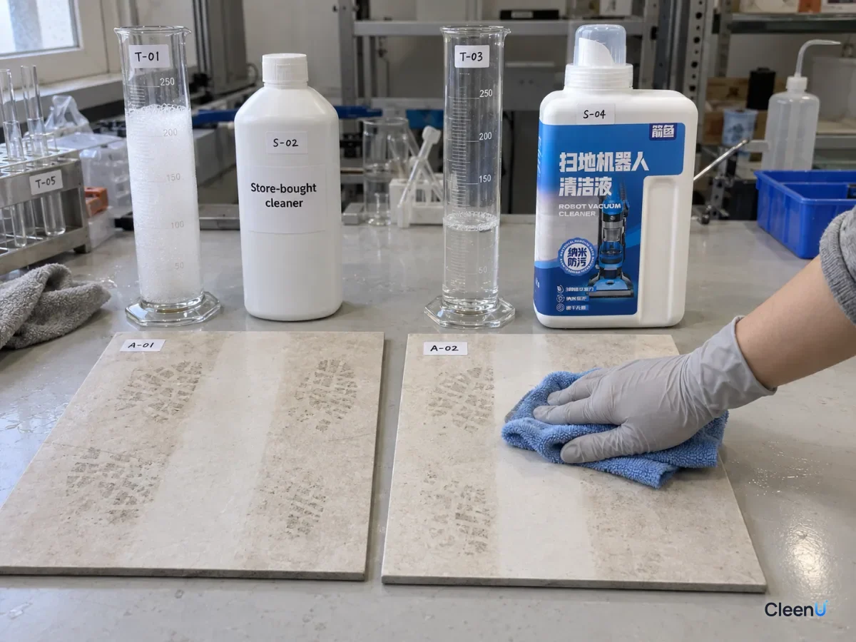Floor samples, foam-filled cylinders and differently packaged bottles on a laboratory bench