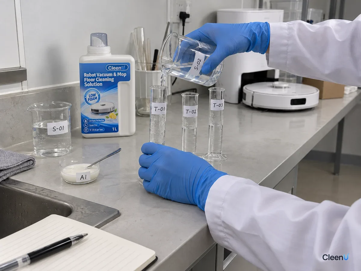 A lab tech pours a sample into cylinders T-01 to T-03 for a foam test, beside a CleenU Robot Vacuum & Mop Low Foam bottle.