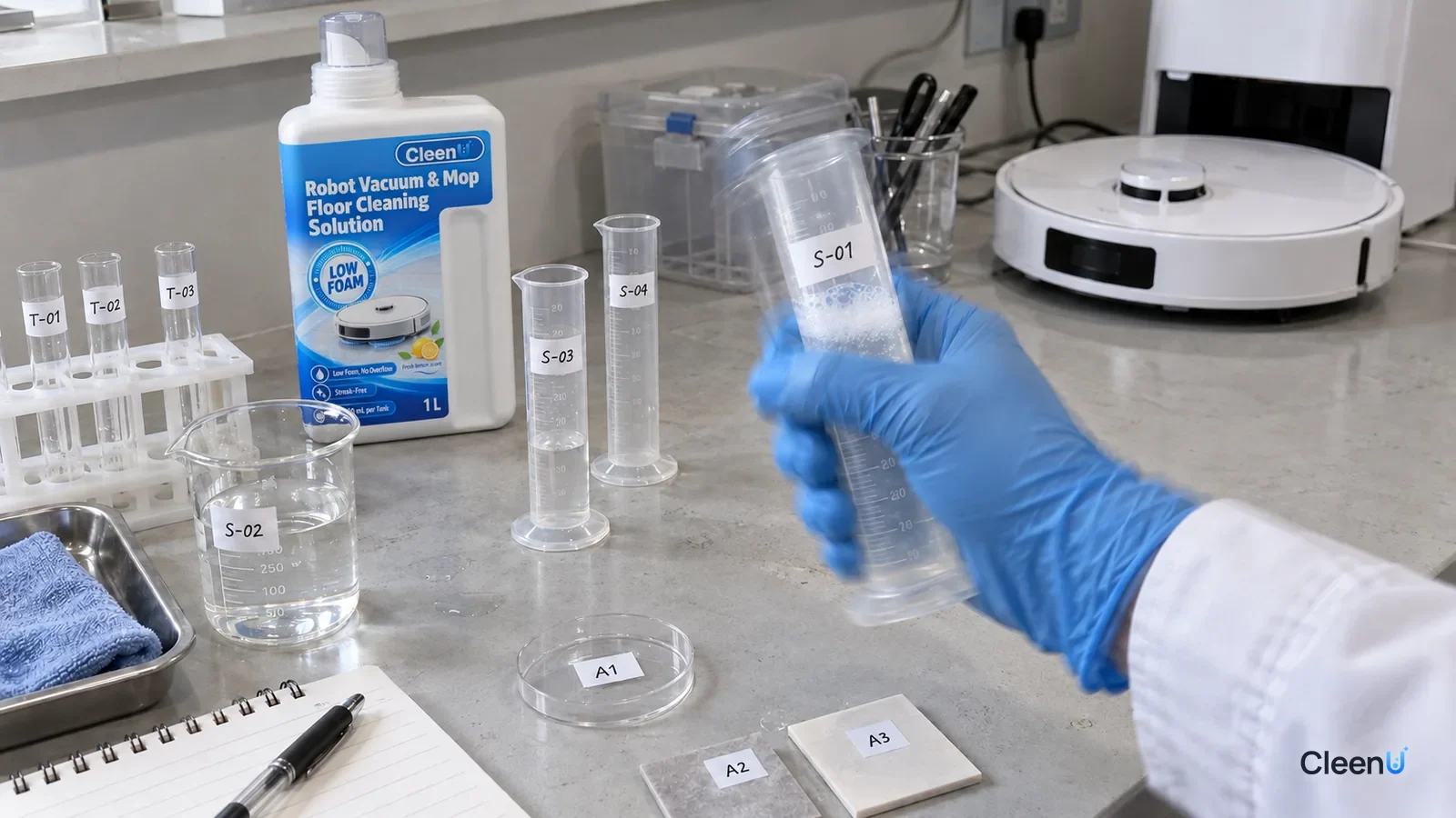 A gloved lab tech shakes cylinder S-01 to test how much foam the formula makes, beside a CleenU Low Foam robot mop bottle.