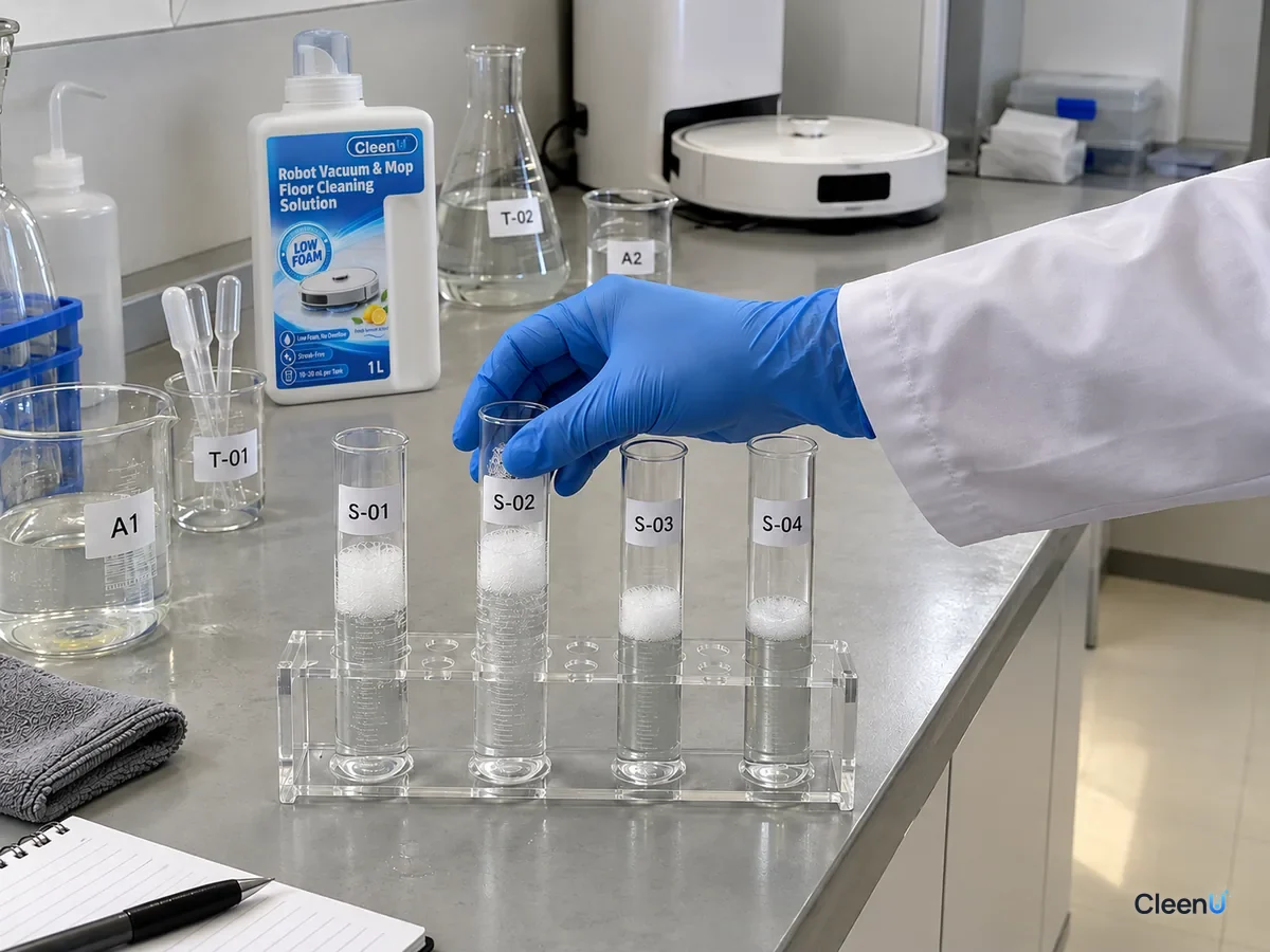 A gloved hand lifts cylinder S-02 from a rack of four foam samples S-01 to S-04, beside a CleenU Low Foam robot mop bottle.