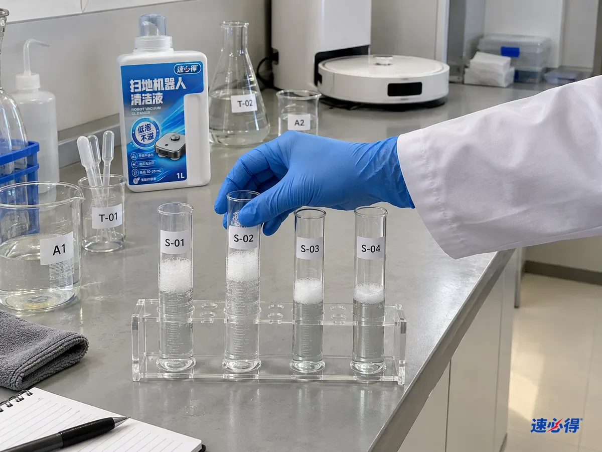实验员比较S-01到S-04四支量筒的起泡高度，测试低泡配方，旁边是速必得低泡扫地机器人清洁液。