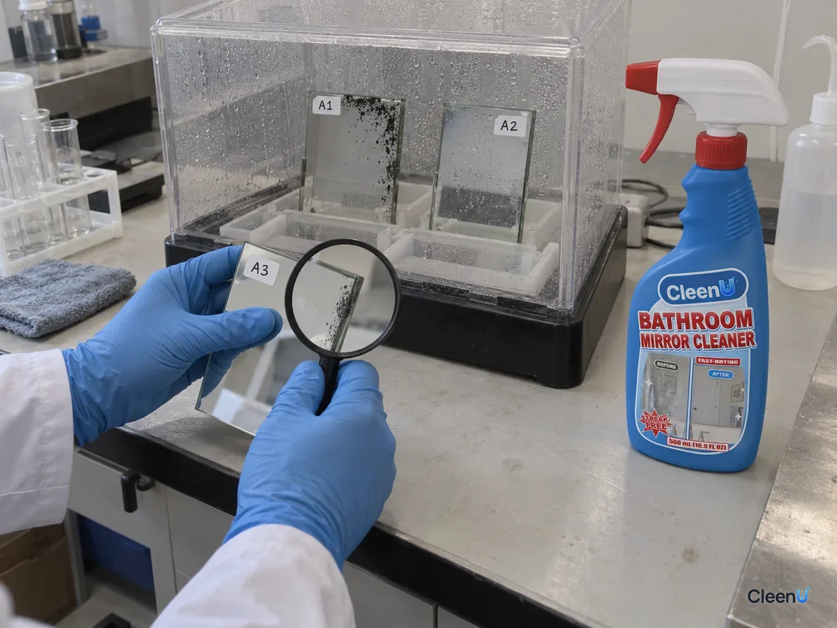 Lab bench: coded mirror samples standing in a humidity box, one with black corrosion at the edge; a technician inspects the backing with a magnifier, beside CleenU Bathroom Mirror Cleaner.