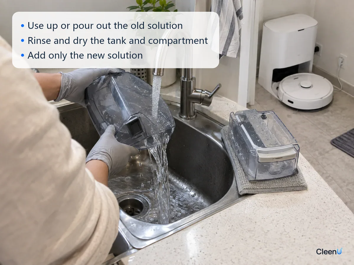 AI illustration: A gloved hand emptying a robot mop clean water tank at the sink and rinsing it with warm water, a freshly scrubbed dosing compartment beside it