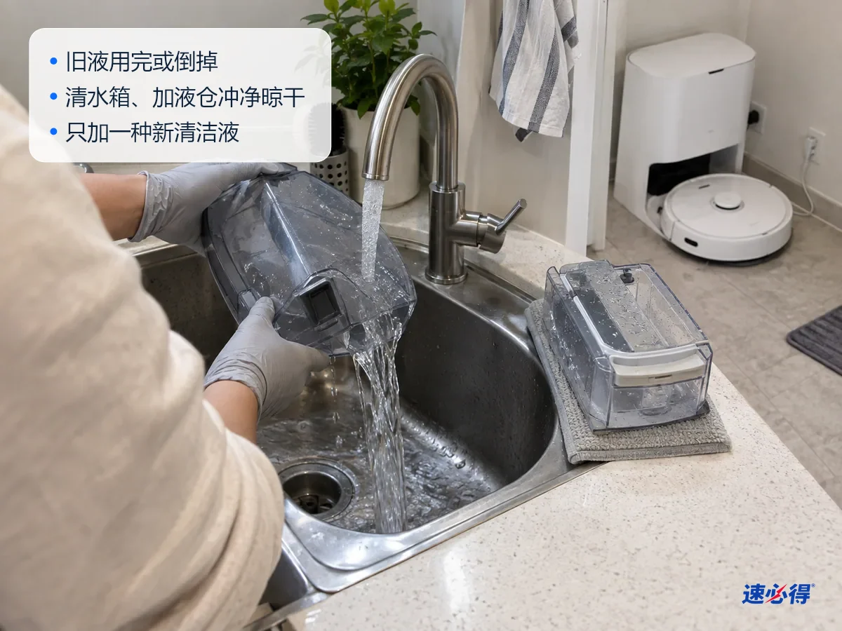 AI 示意图：戴手套的手在水槽边把扫地机器人的清水箱倒空，用温水冲洗，旁边放着刚刷洗过的加液仓