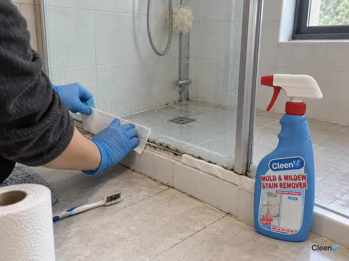 A blue nitrile-gloved hand presses a paper towel strip onto black-stained shower caulk beside one already laid, window open, a capped bottle of CleenU Mold & Mildew Stain Remover nearby.
