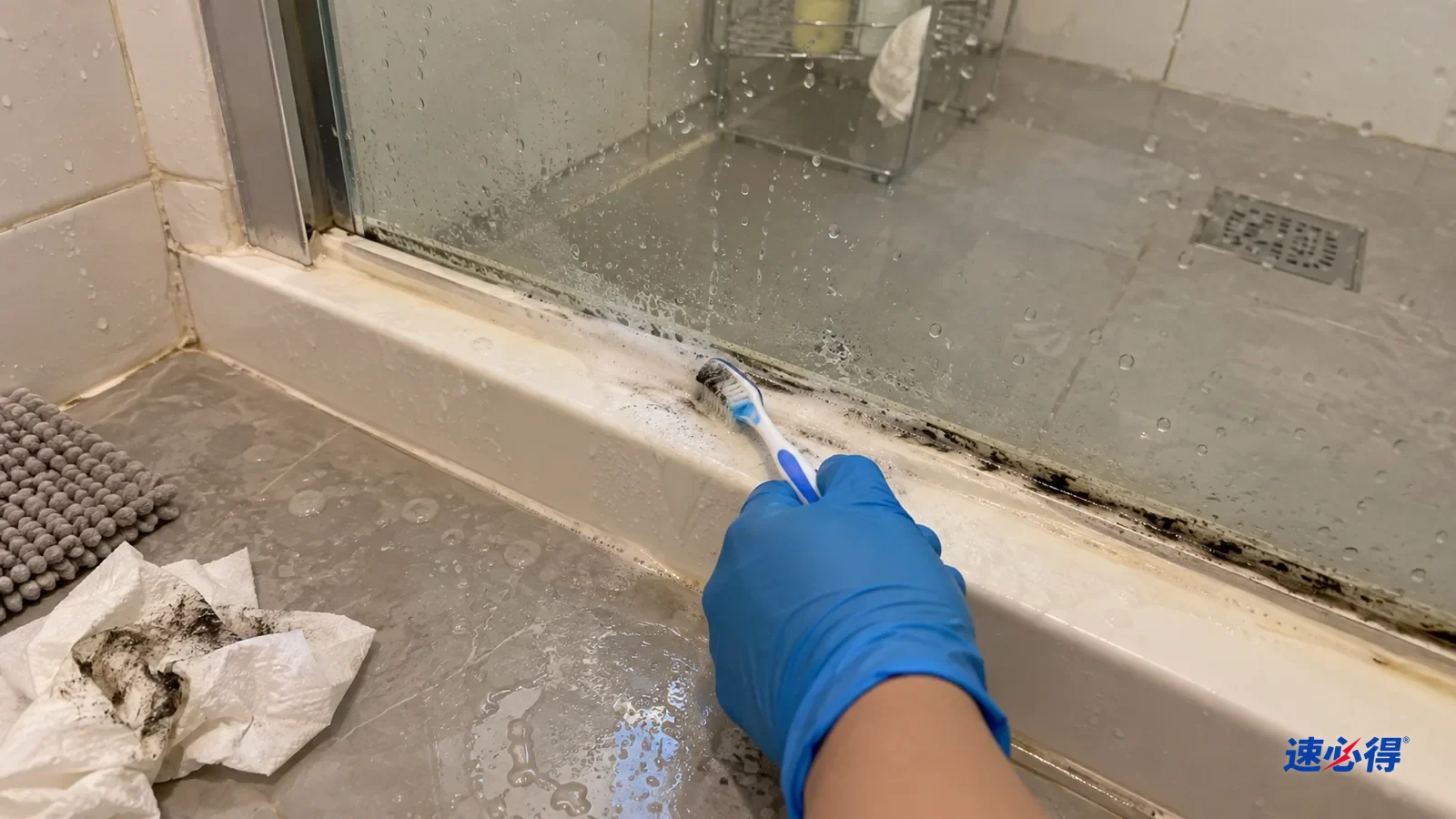 一只戴蓝色丁腈手套的手用旧牙刷沿淋浴房底部玻璃胶刷洗，刷过的一段霉点变浅，旁边一段仍是连成线的黑霉，窗户开着。