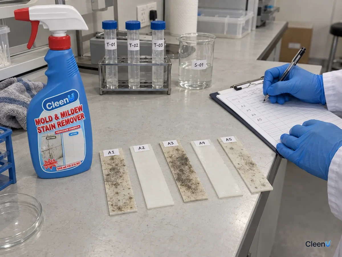 Lab bench: coded silicone caulk strips with light to heavy mold; two whitened after a compress, one still black inside beside CleenU Mold & Mildew Stain Remover.