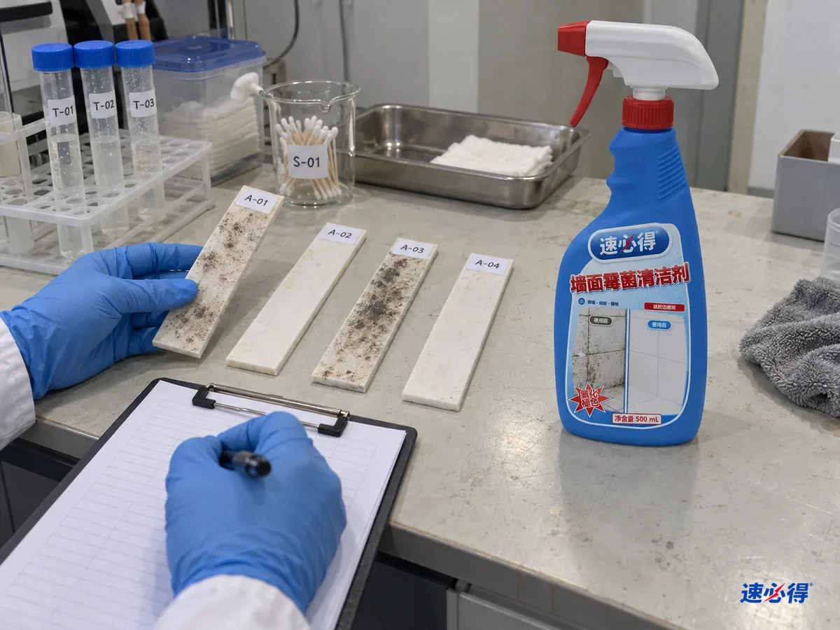 实验台上几块贴着不同测试编号的硅胶样条，带着深浅不同的霉斑，其中两条贴敷处理后明显变白，一条仍然内部发黑，技术人员戴手套记录，台面上放着一瓶速必得墙面霉菌清洁剂。