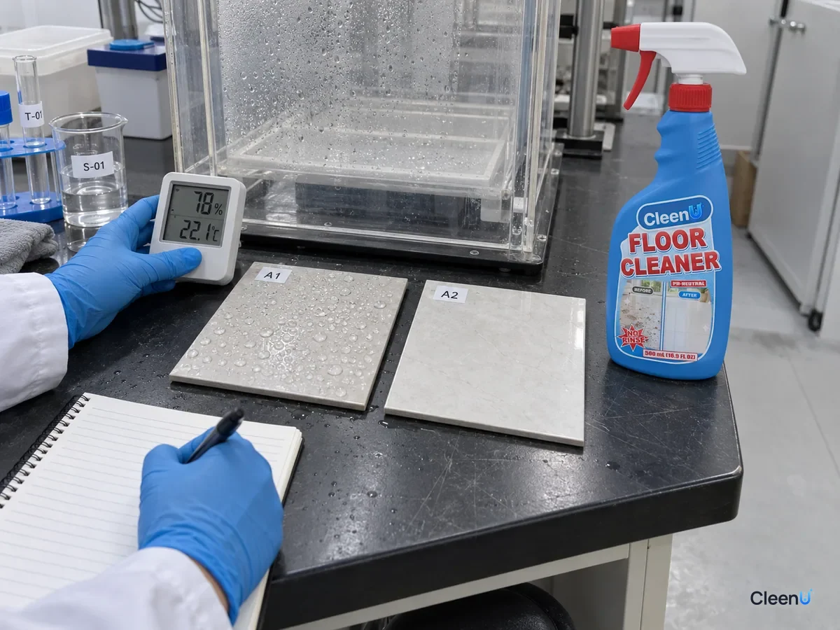 In a lab, two coded cold tile panels: one beaded with condensation by a humidity chamber, one dry in drier air, a technician noting the hygrometer, beside CleenU Floor Cleaner.