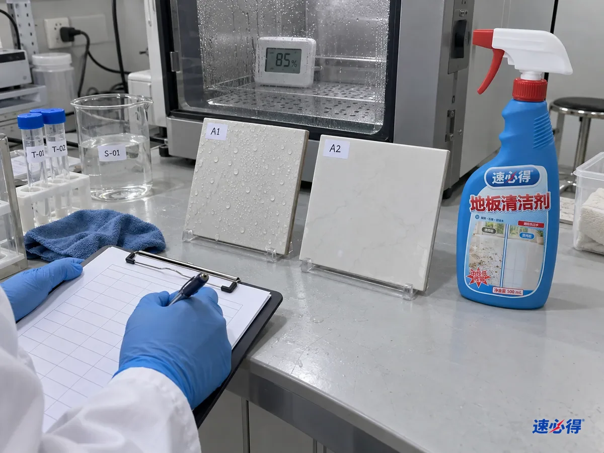 实验室里两块贴着不同测试编号的冷瓷砖样板放在湿度箱旁，一块表面凝结水珠，另一块在干燥环境中保持干爽，技术人员看着湿度计记录，台面上放着一瓶速必得地板清洁剂。