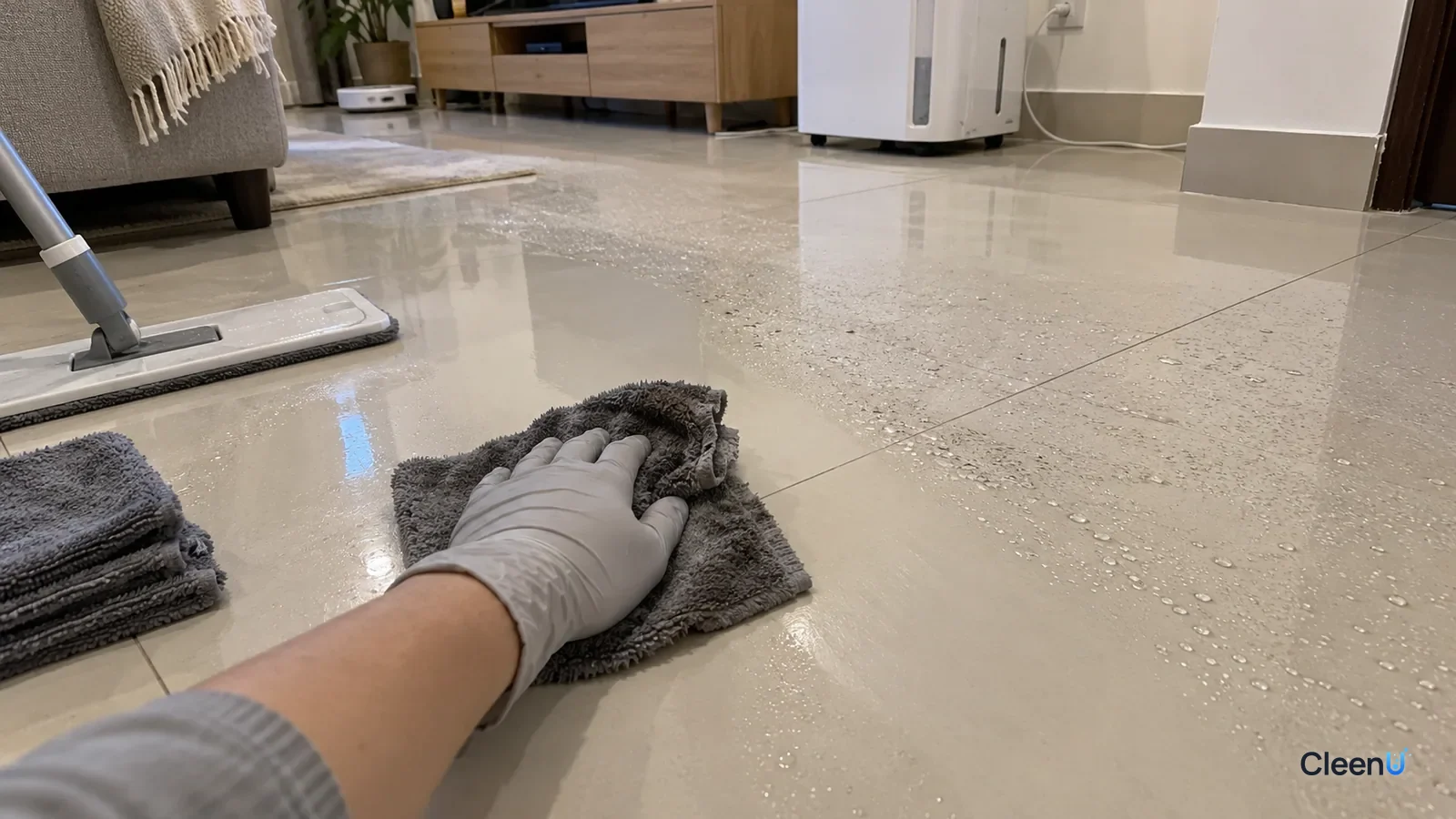Light grey nitrile-gloved hand pressing a dry microfiber pad over condensation on tile, the pad darkened with water, one patch dry beside floor still beaded