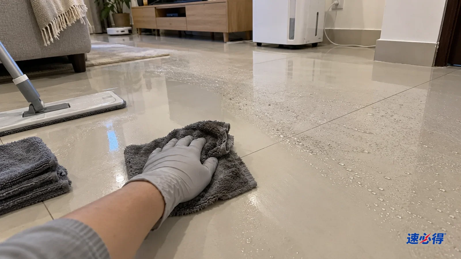 一只戴浅灰色丁腈手套的手按着干超细纤维拖布擦瓷砖上的凝结水珠，拖布已湿成深色，擦过的一块干爽，旁边仍满是细小水珠。