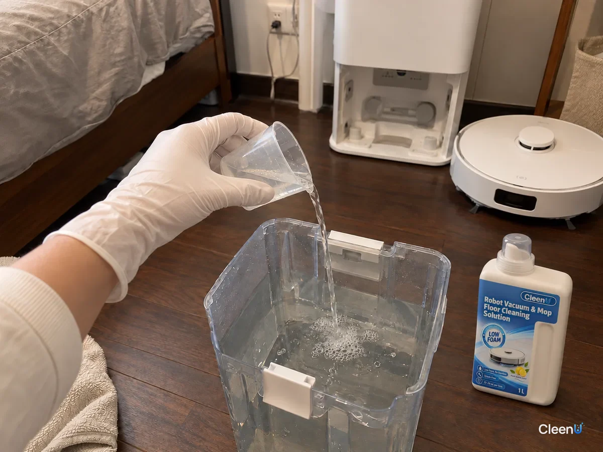A white-gloved hand pours the measured dose into the clean water tank, bubbles rising, beside CleenU Robot Mop solution.