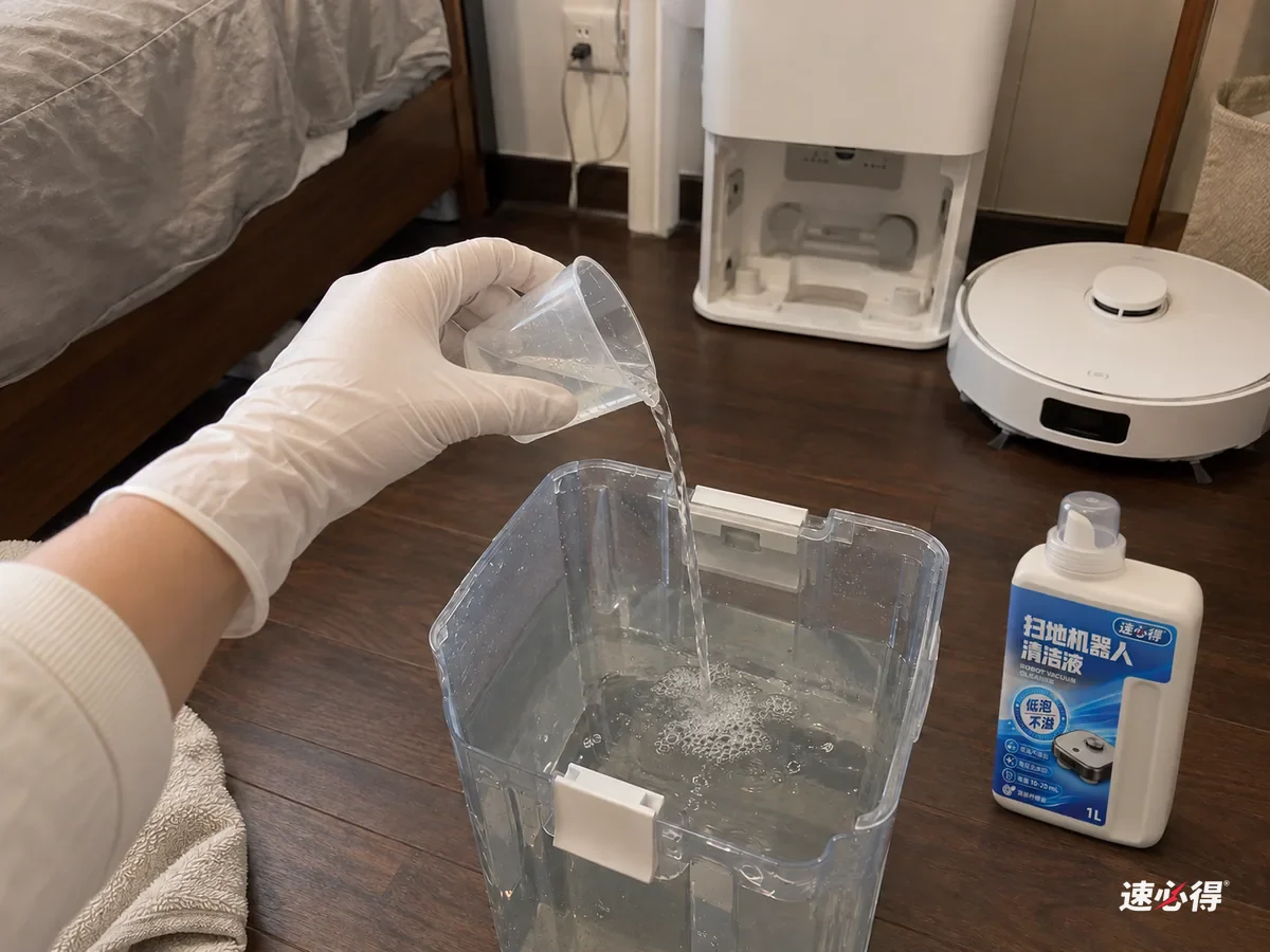 同一位置几秒后，戴白色丁腈手套的手把量杯里的清洁液倒进清水箱，水面上有一小圈很快散开的细泡，旁边放着拧好盖子的速必得扫地机器人清洁液。