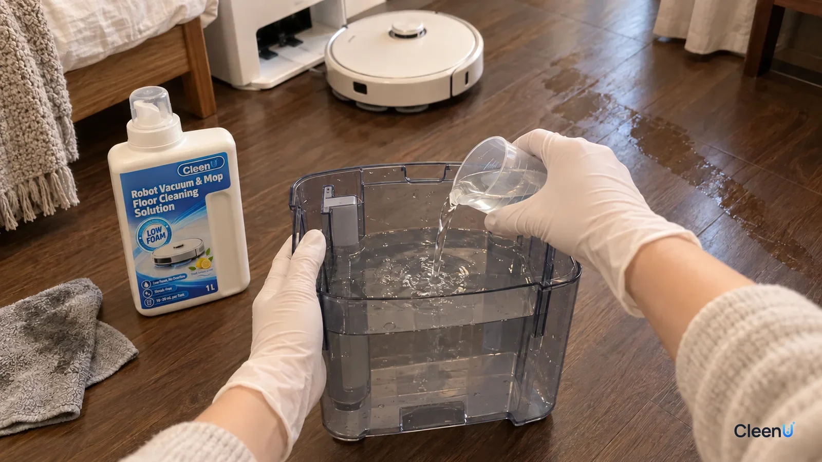 A white-gloved hand pours from a small clear cup into a half-full dock clean water tank, beside CleenU Robot Mop solution.
