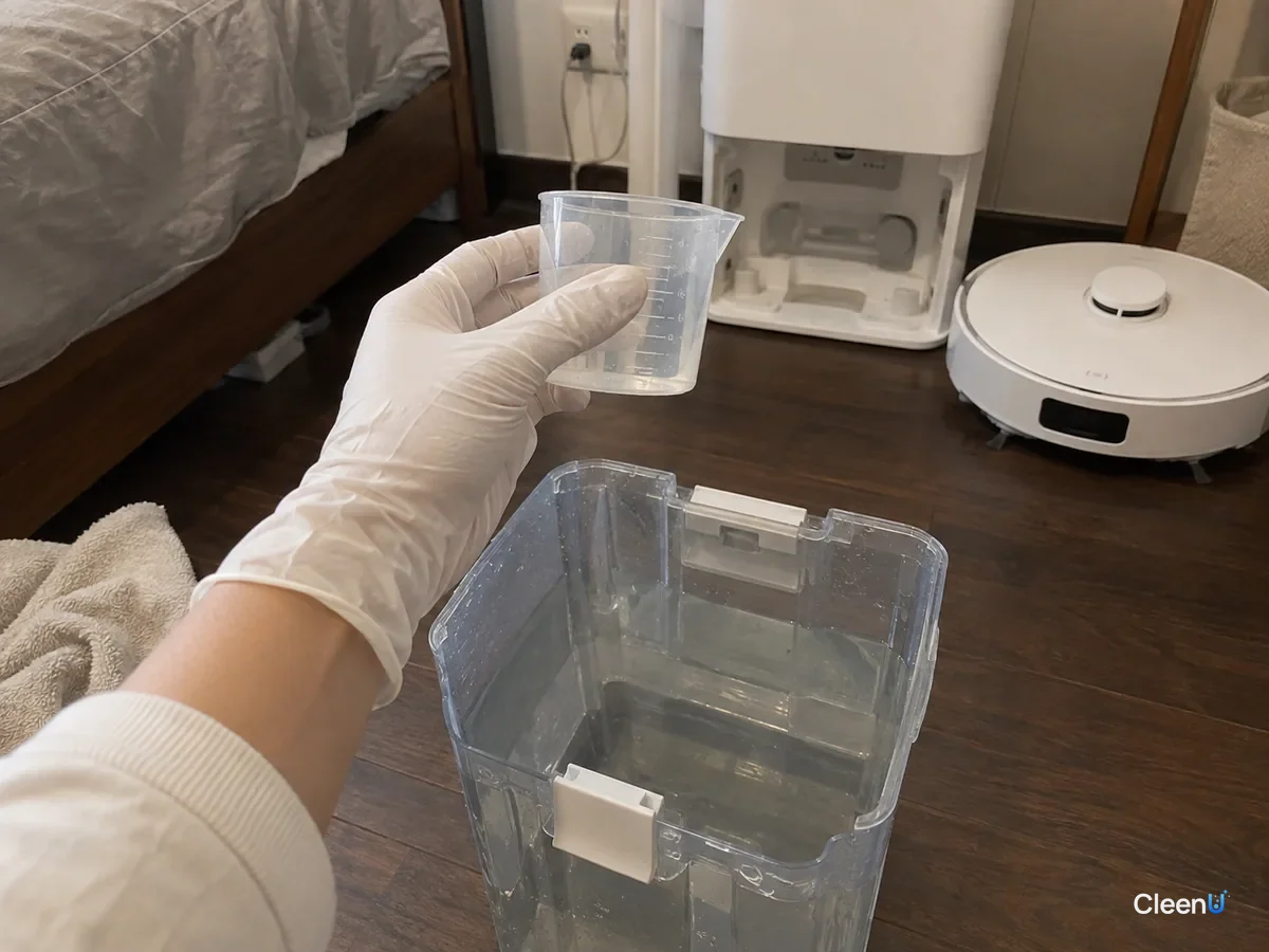 A white-gloved hand holds a small clear measuring cup above a half-full clean water tank to check the dose before adding it.