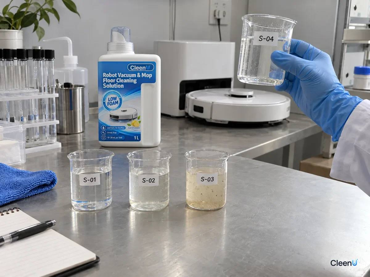 Beakers of water, diluted solution and solution with simulated soil; a gloved hand lifts one, CleenU Robot Mop solution behind.