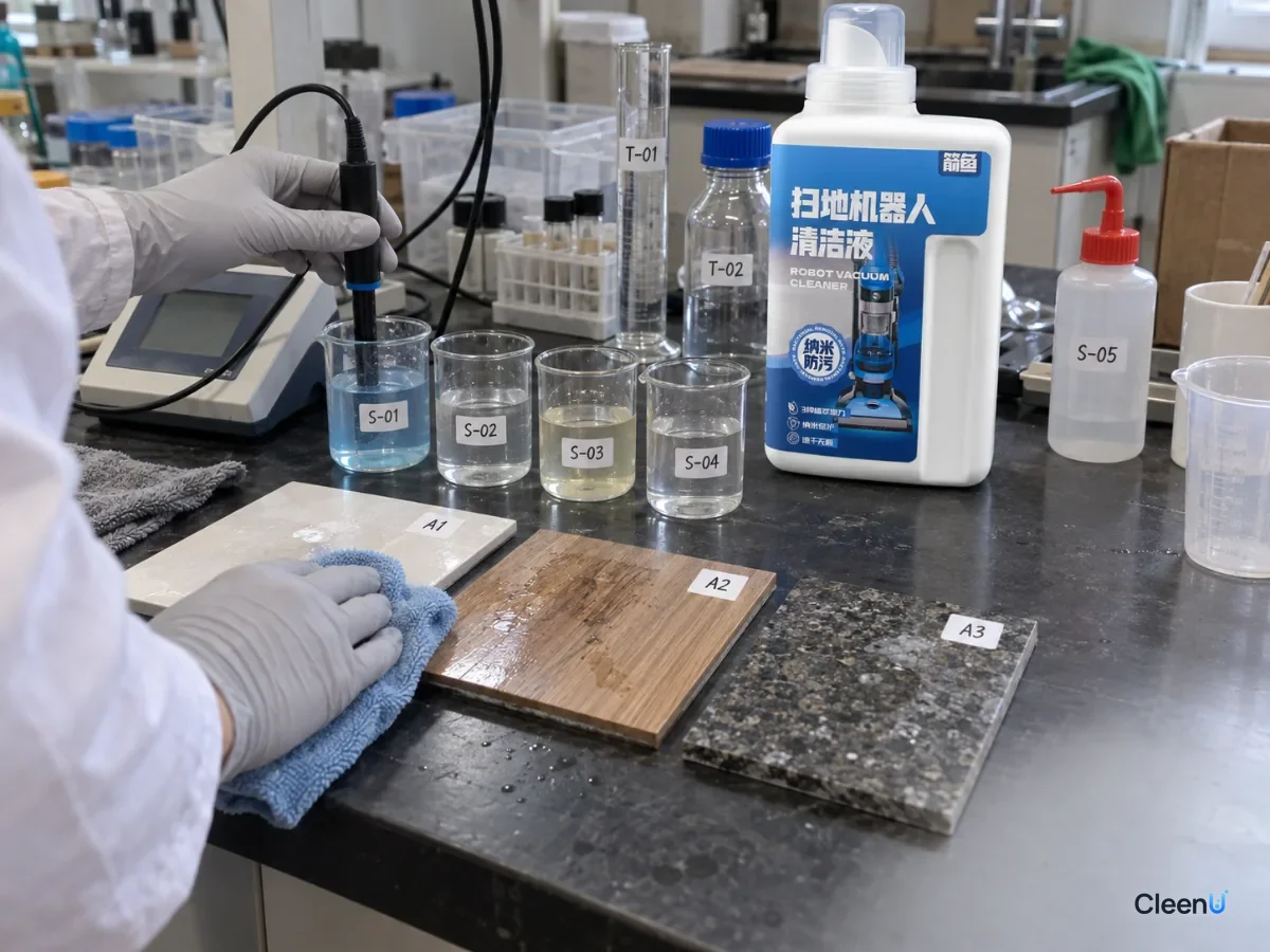 Gloved hands using measuring equipment beside liquid and floor samples on a laboratory bench