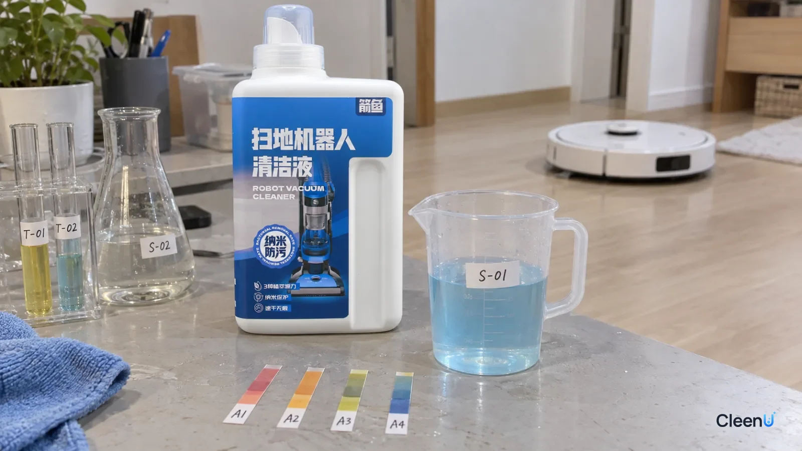 Differently colored test strips beside a cup of light blue liquid, with a wood floor and robot mop behind