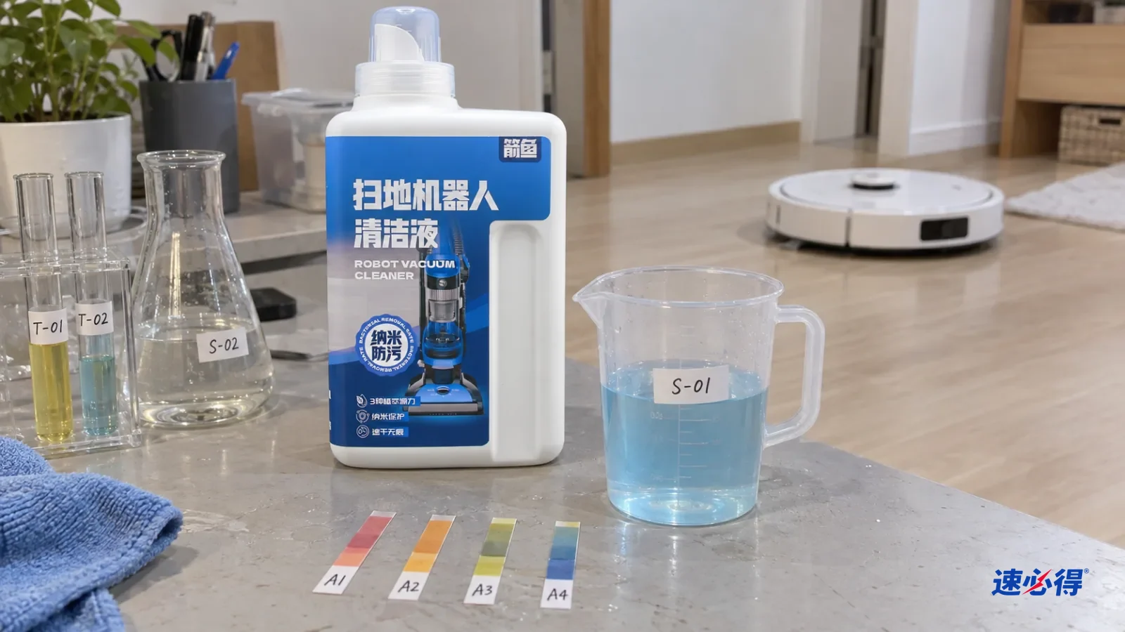 不同颜色的试纸与一杯浅蓝色液体，背景是木地板和扫地机器人