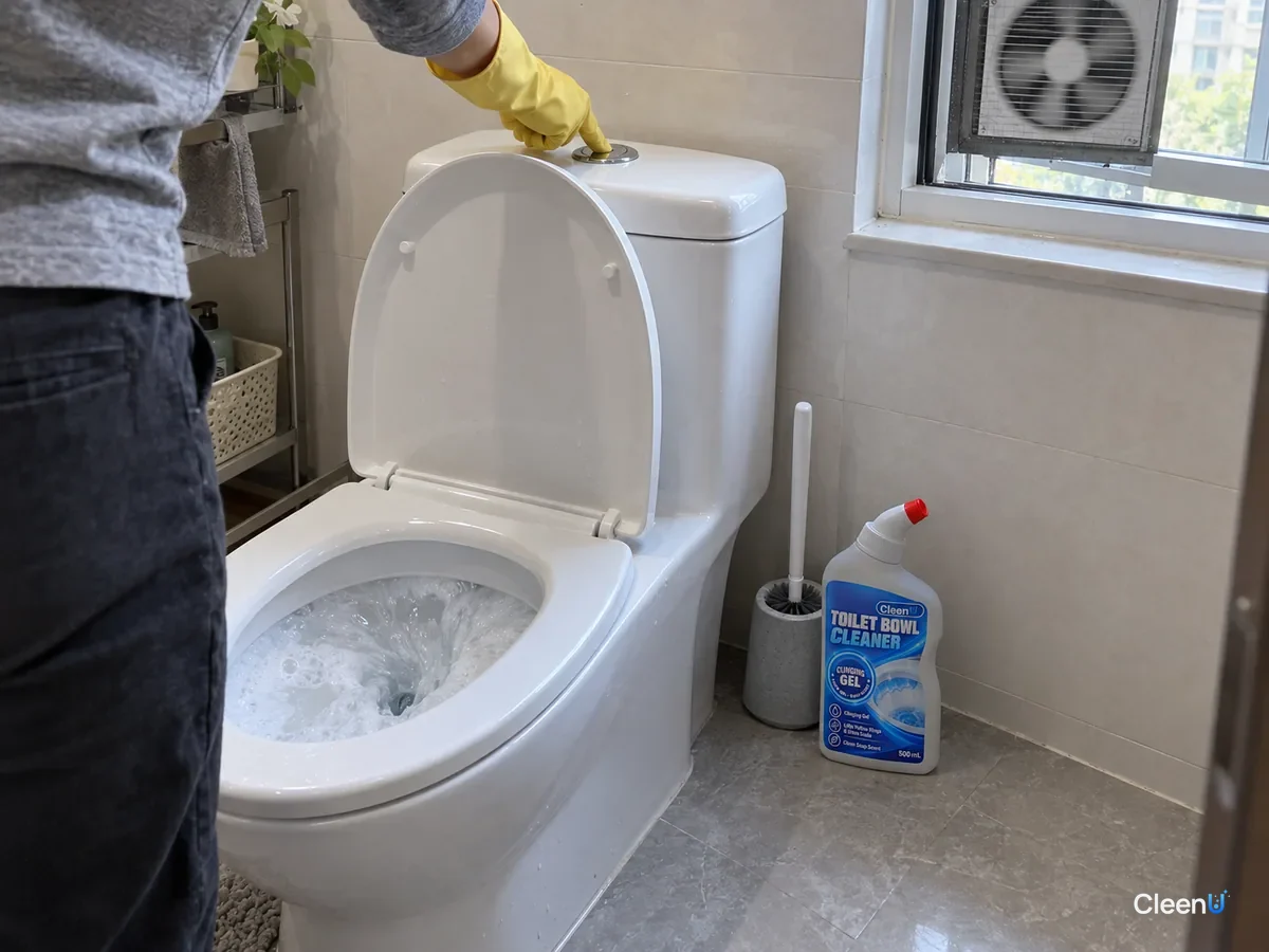 A gloved hand presses the toilet flush button; a capped bottle of CleenU Toilet Bowl Cleaner stands on the floor beside the toilet and the window is open.