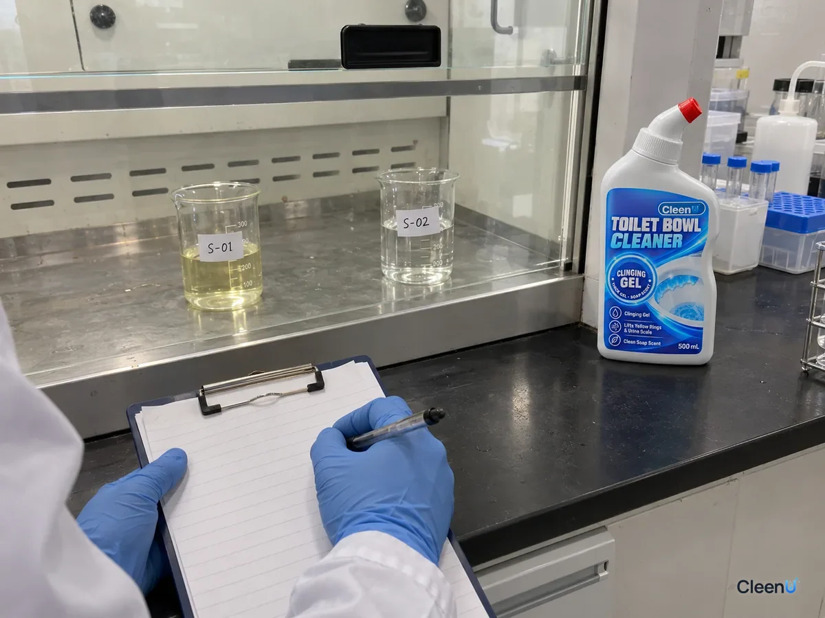 In a lab fume hood, beakers with test codes hold acidic cleaner and chlorine disinfectant samples kept apart; a technician in gloves and goggles takes notes, beside CleenU Toilet Bowl Cleaner.