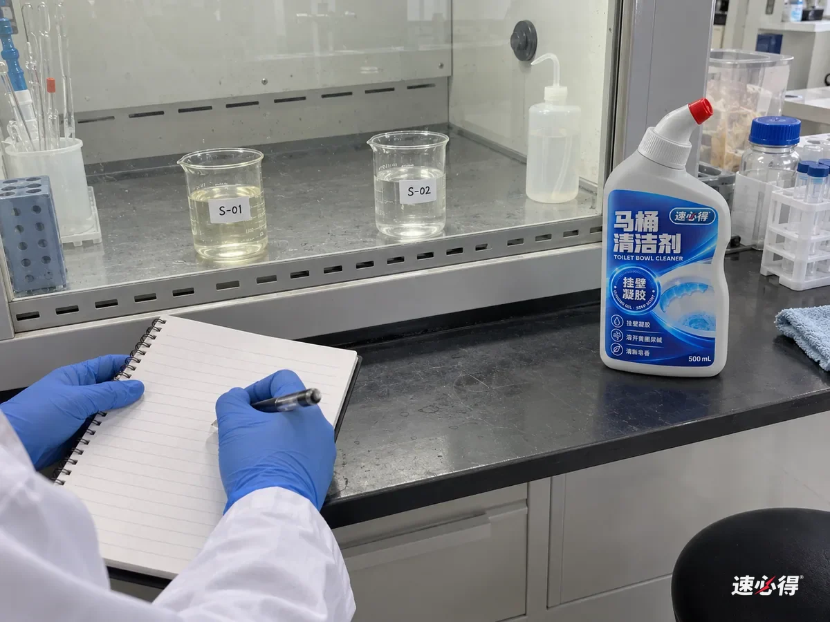 实验室通风柜里，几只贴着不同测试编号的烧杯分别装着酸性清洁剂和含氯消毒液样品，技术人员戴着手套和护目镜在通风柜外记录，烧杯之间隔开放置，台面上放着一瓶速必得马桶清洁剂。