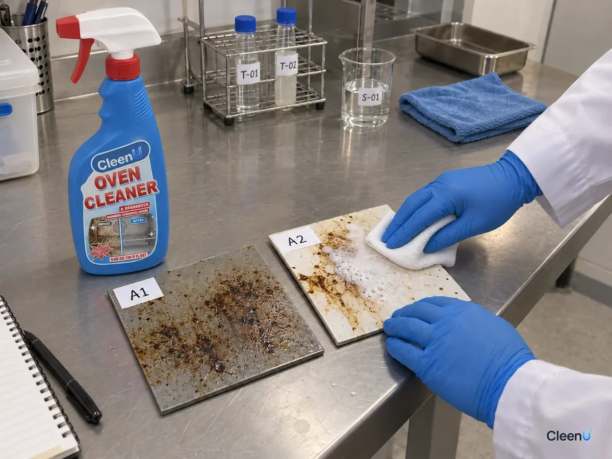Lab bench: two coded panels with baked-on grease, one gray catalytic liner and one enamel; a technician sprays oven cleaner only on the enamel, beside CleenU Oven Cleaner & Degreaser.