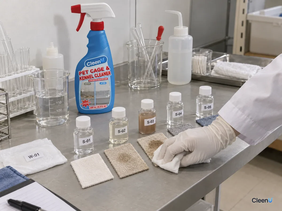 On a lab bench, five labeled sample bottles and carpet swatches, a gloved hand wiping one swatch beside a CleenU Pet Cage & Kennel Cleaner.