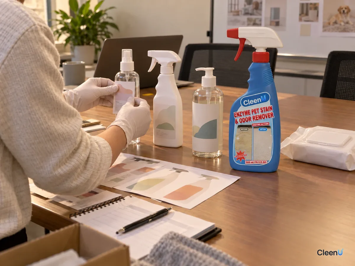 A gloved person holds a label proof against a fine-mist bottle on a meeting table, beside a CleenU Enzyme Pet Stain & Odor Remover and wipes.