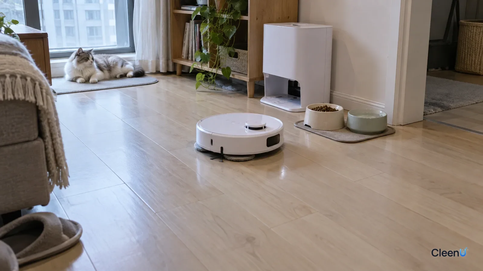 AI illustration: A cat lounging by the window on a light living room floor while a robot mop cleans near the food bowls, the floor clean