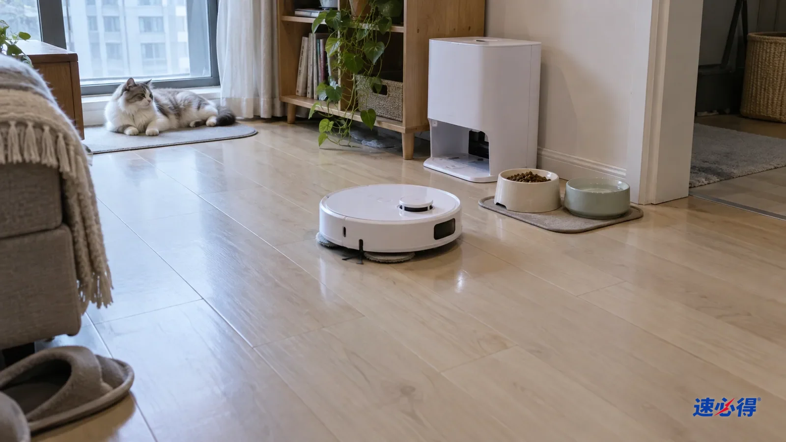 AI 示意图：客厅浅色地板上，一只猫趴在窗边，扫地机器人正在食盆附近拖地，地面干净