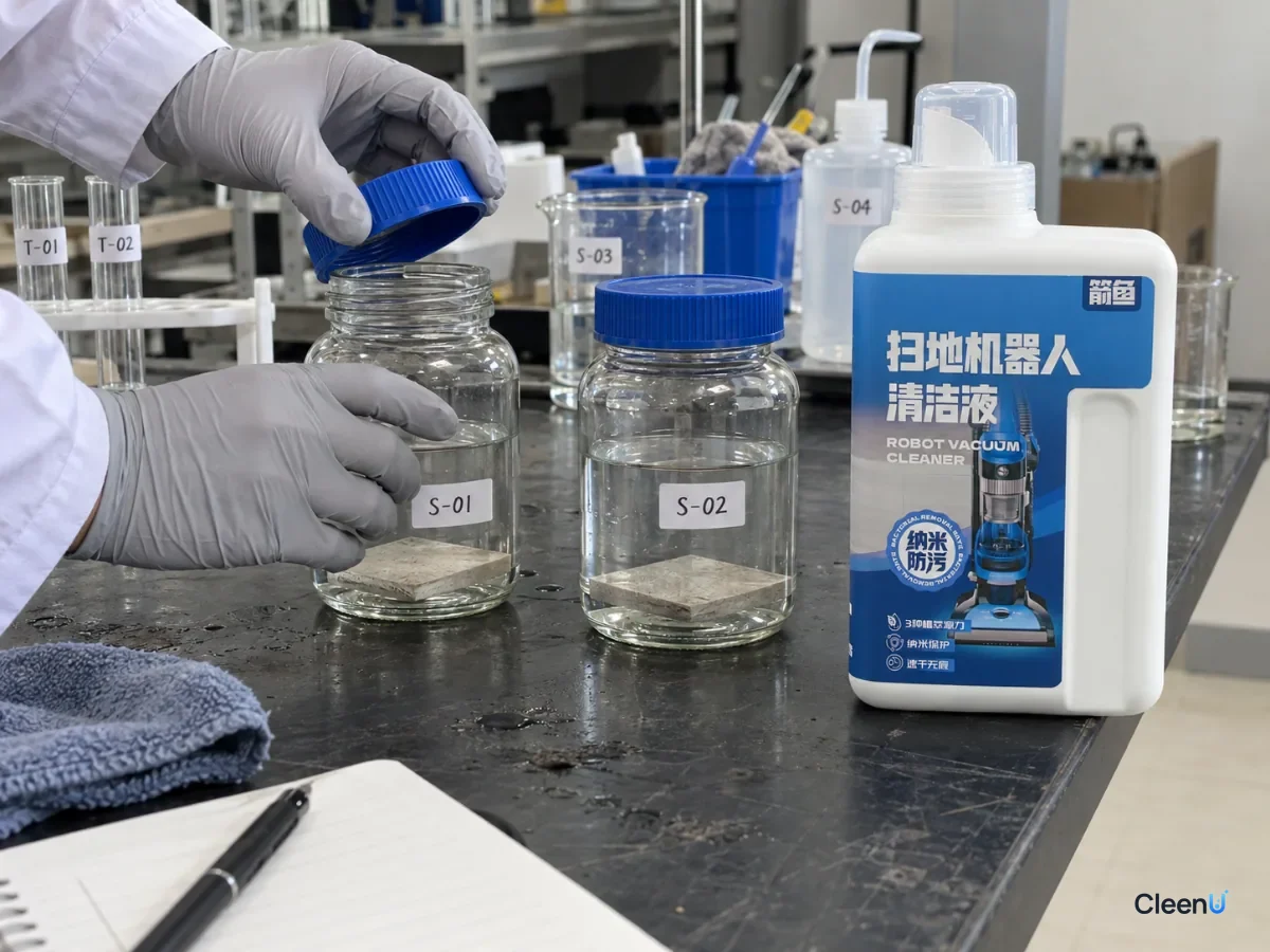 AI illustration: Gloved hands opening a glass sample jar beside floor samples and a blue cleaner bottle
