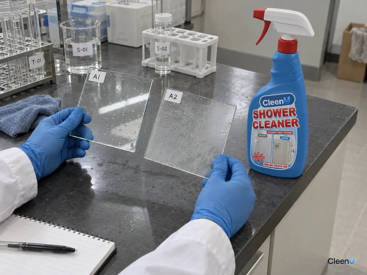 Lab bench: two coded glass panels, one squeegeed and sprayed daily, one untreated; after two weeks the untreated one is hazy, compared in side light beside CleenU Shower Cleaner.