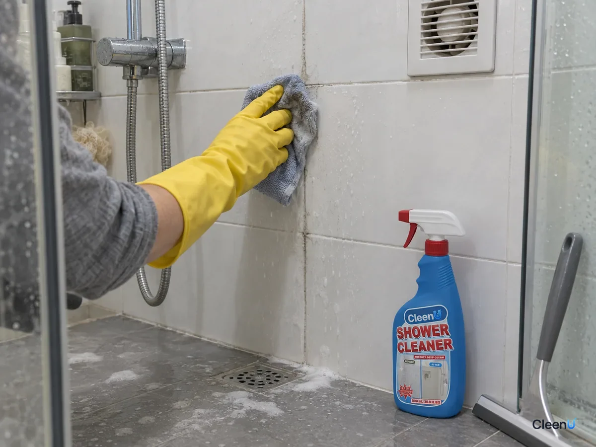 In the shower a yellow rubber-gloved hand wipes along white tile grout with a microfiber cloth now gray-stained, fan running, a bottle of CleenU Shower Cleaner standing capped in the tray corner.