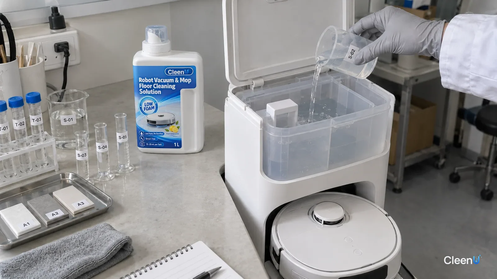 A lab tech pours diluted solution into a dock's clean water tank to test dosing, beside a CleenU Low Foam robot mop bottle.