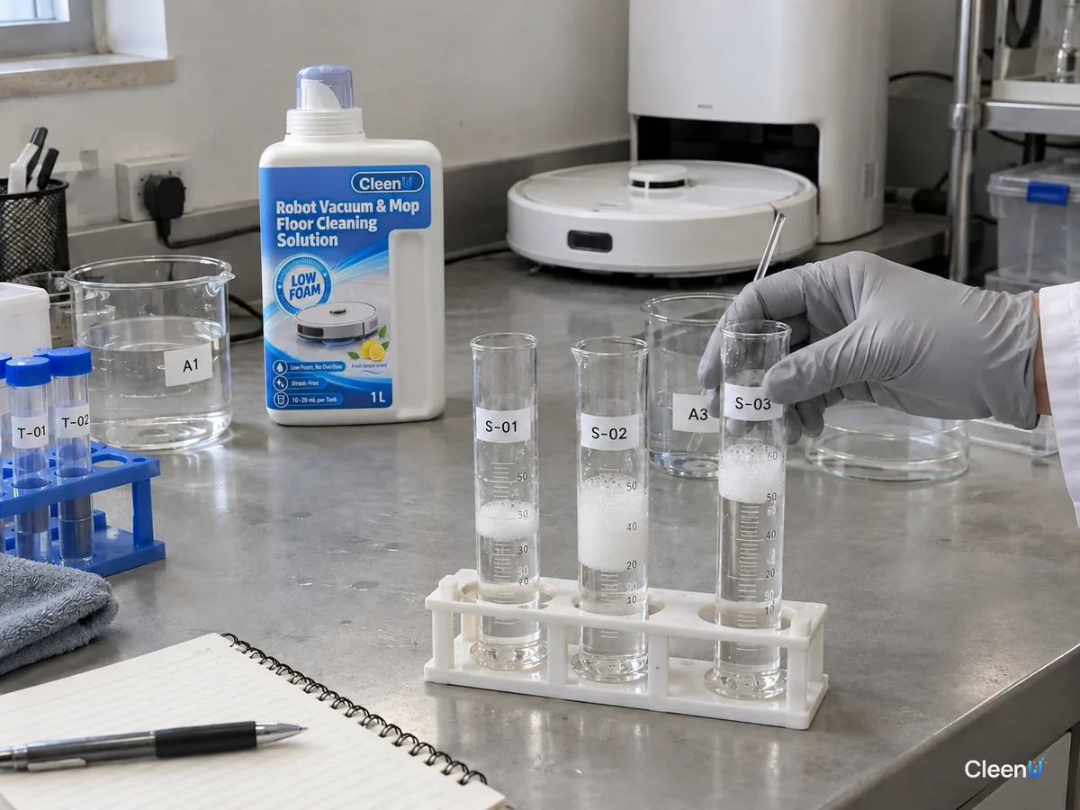 A lab tech compares foam heights in cylinders S-01 to S-03 at different dilutions, beside a CleenU Low Foam robot mop bottle.