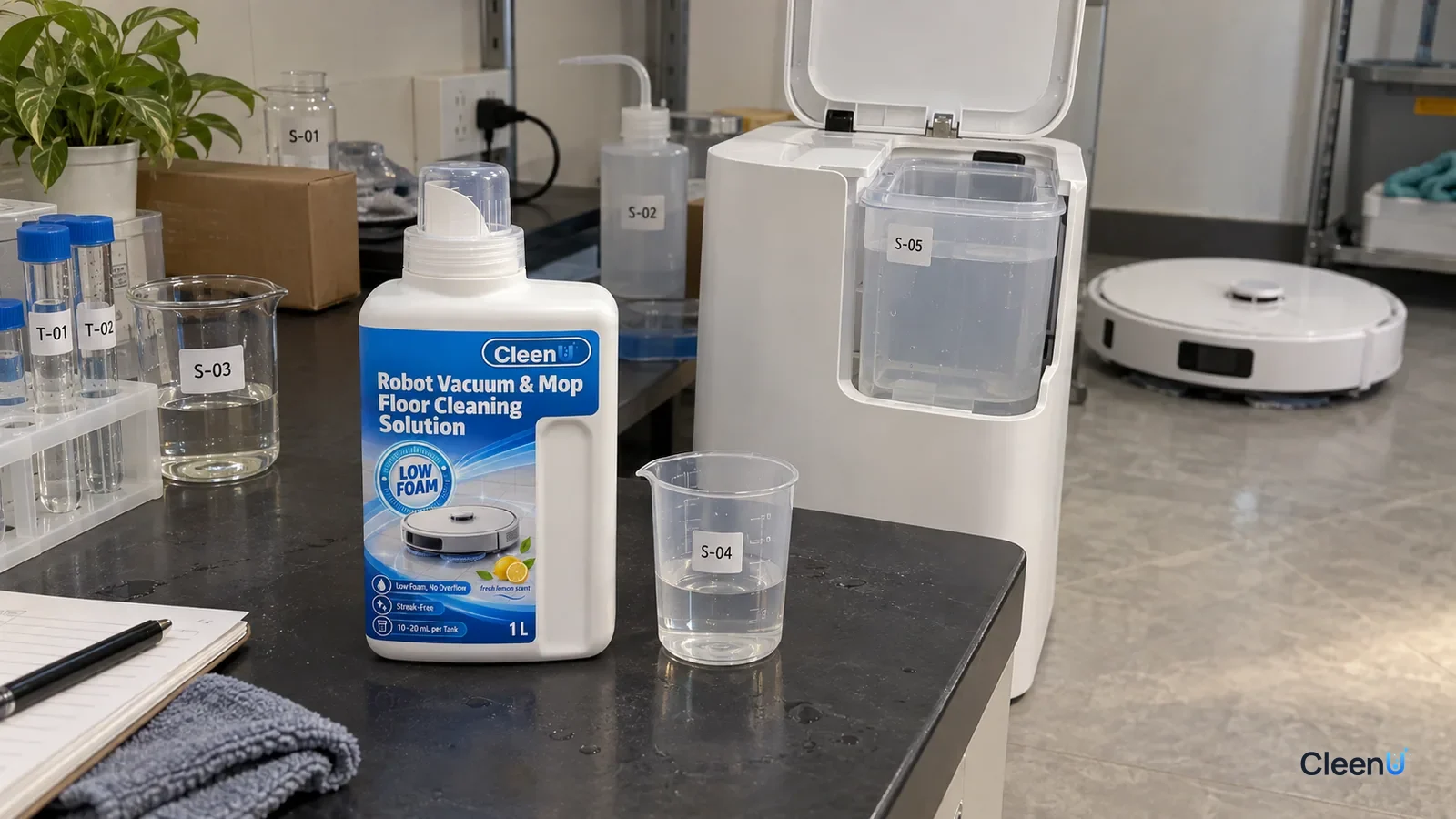 AI illustration: A bottle of concentrated robot mop cleaning solution, a measuring cup and a detergent compartment removed from a white self-cleaning dock side by side on a lab bench