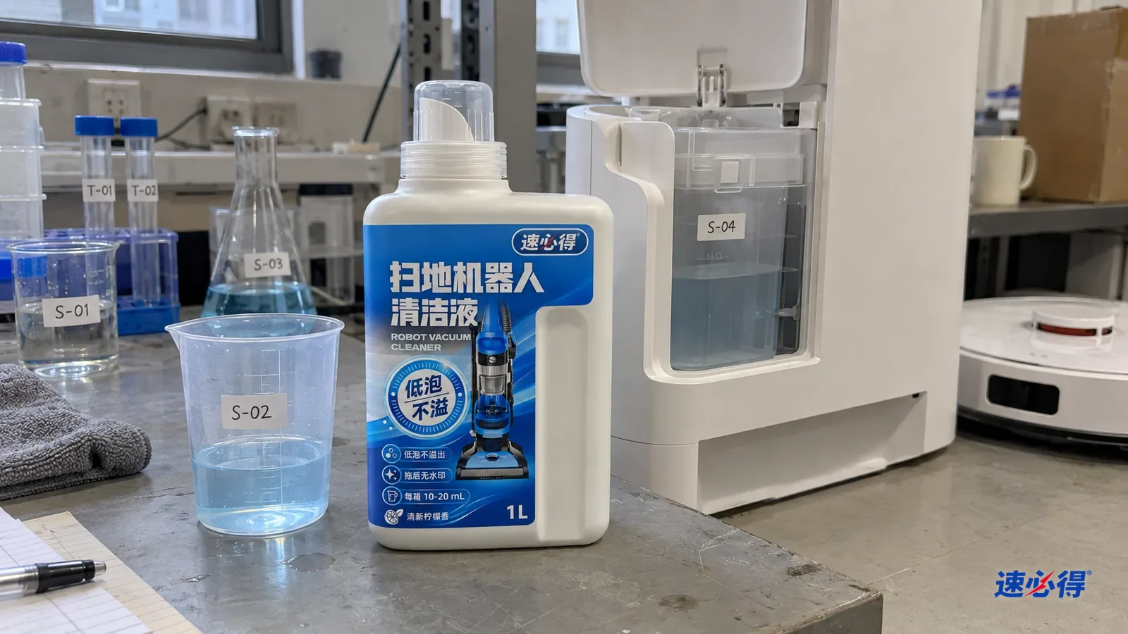 AI 示意图：实验室台面上并排放着一瓶浓缩型扫地机器人清洁液、一只量杯和一台白色自清洁基站的加液仓