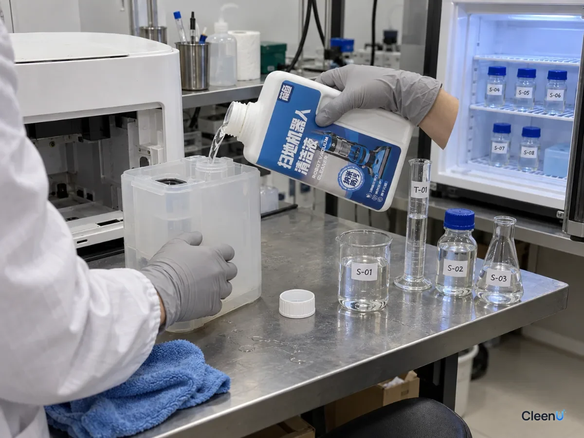 AI illustration: Gloved hands pouring liquid into a removed dosing tank beside sample bottles and a cold chamber