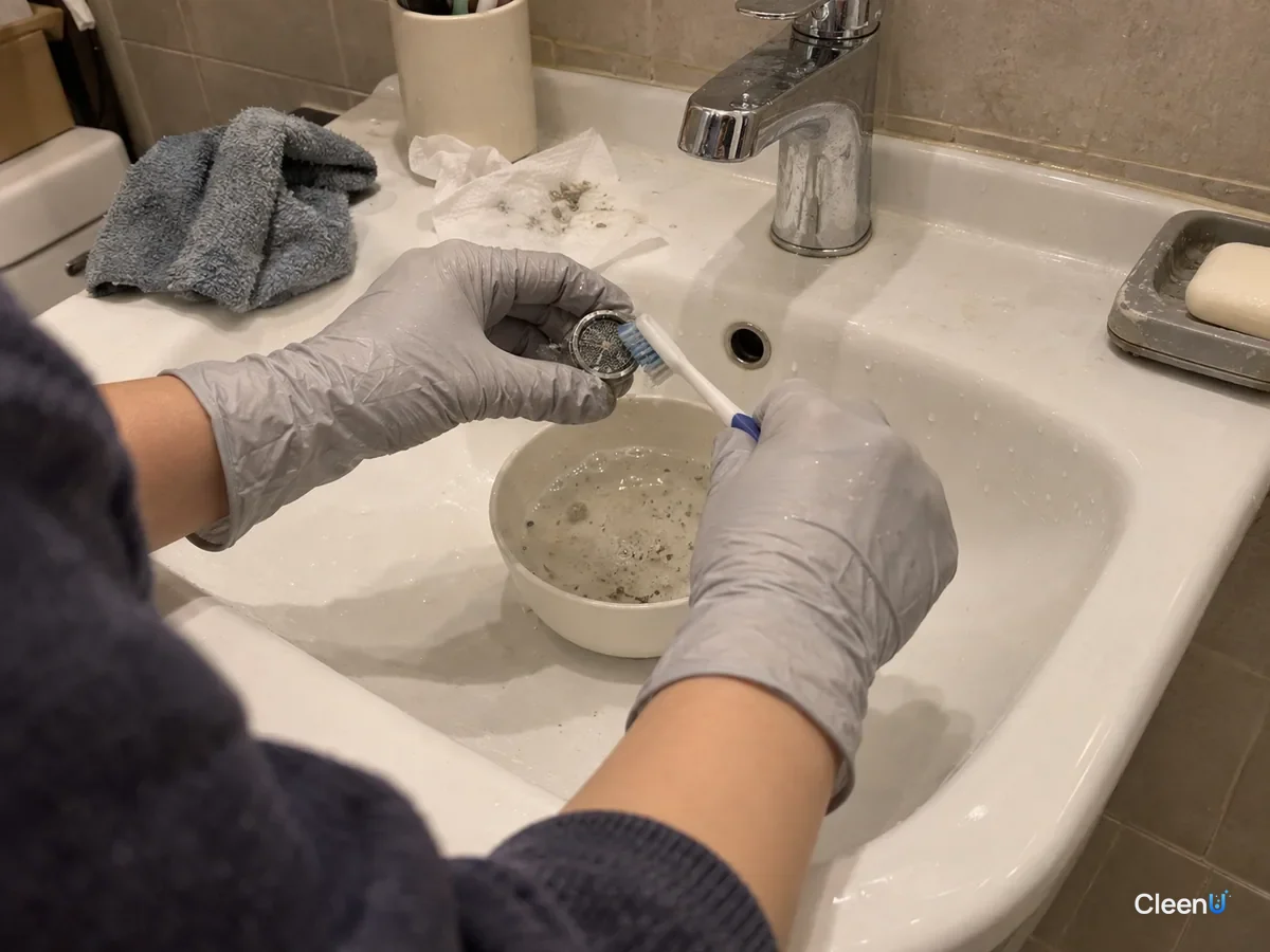 At the basin, a hand in light grey nitrile gloves scrubs a soaked faucet aerator screen with an old toothbrush, white scale flaking from the mesh, small bits settled in the bowl.