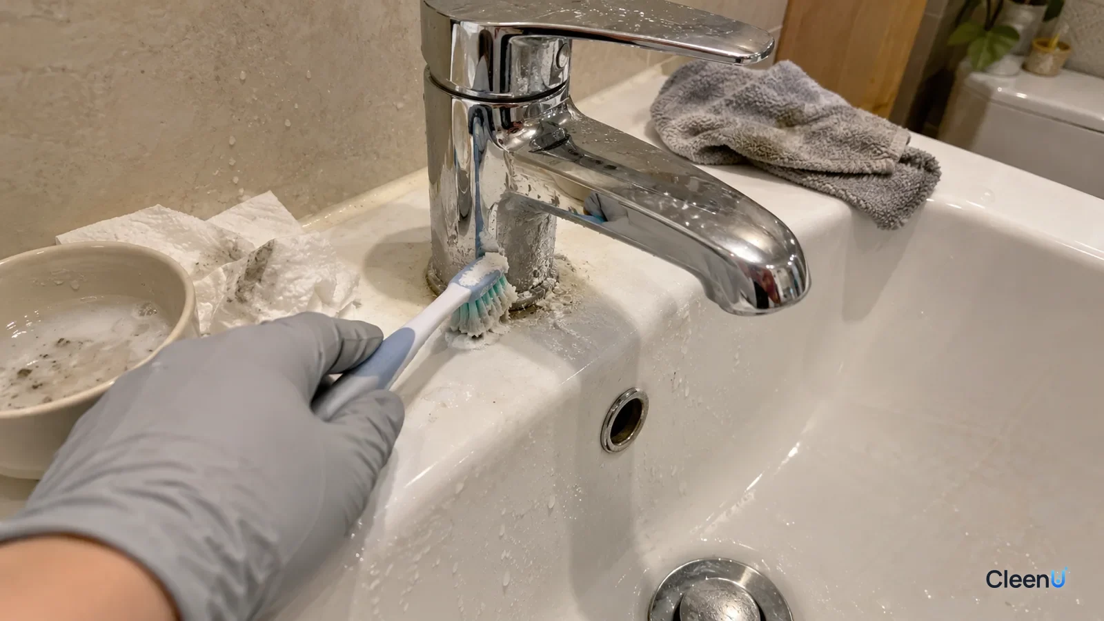 First-person close-up: a hand in light gray nitrile gloves scrubs white scale at a chrome faucet base with an old toothbrush; white flakes on the bristles, one side bright, the rest crusted.